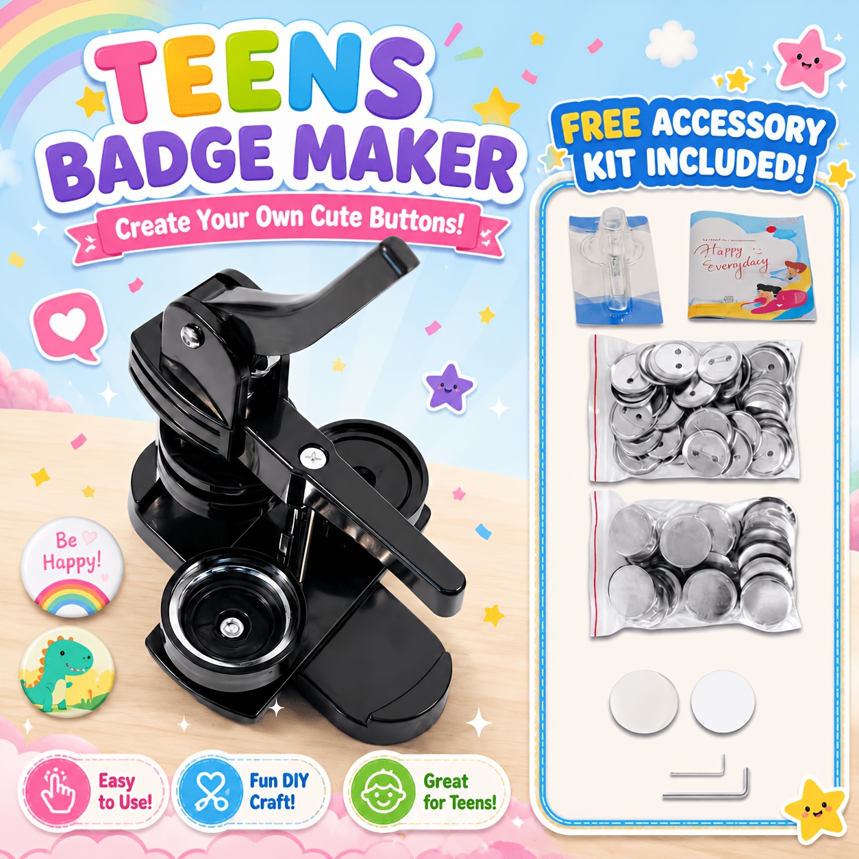 TEMU 5. 8cm Button Making Machine -one Diy Badge Press Kit With Free Starter Kit, Children Diy Gifts Button Making Supplies With 100pcs Button Parts,