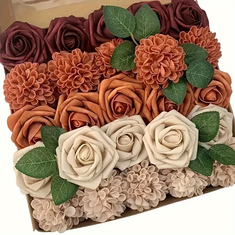 

25pcs Artificial Flower Set - Red, Orange & Champagne With For Diy Wedding Bouquets, Engagement Parties & Table Centerpieces