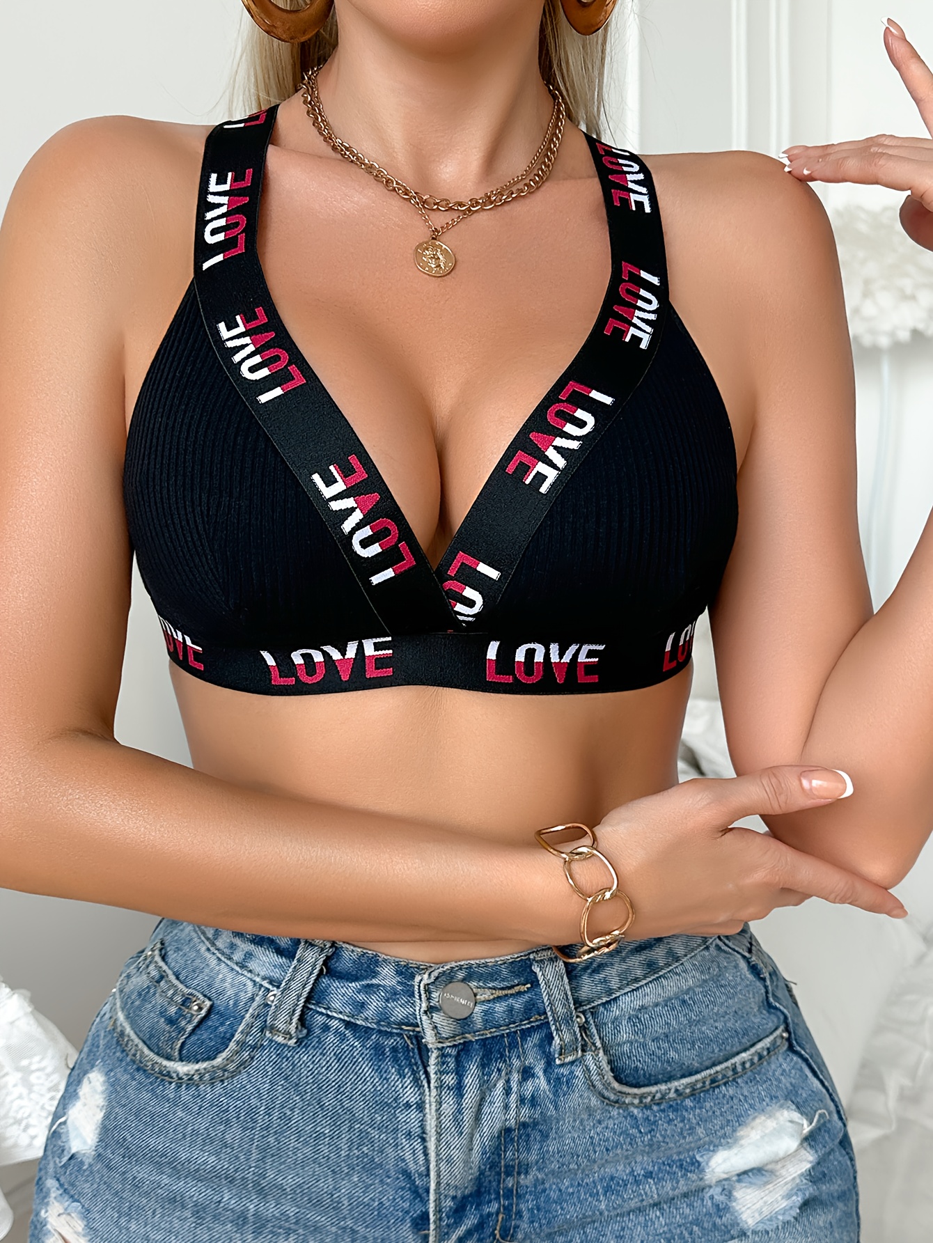 1-Pack Women's Casual Sports Bra, Breathable Fabric, Letter Pattern, Wire-Free, Unpadded, Women's Underwear