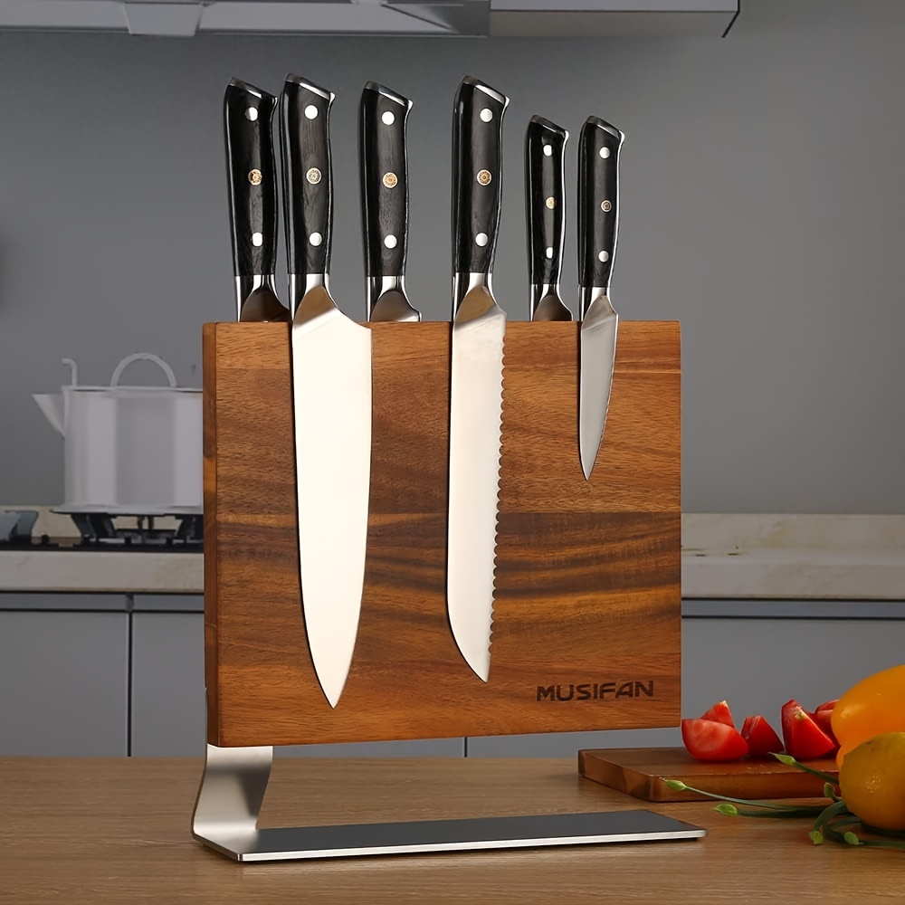   double sided magnetic kitchen knife multi functional knife holder acacia wood knife seat details 9