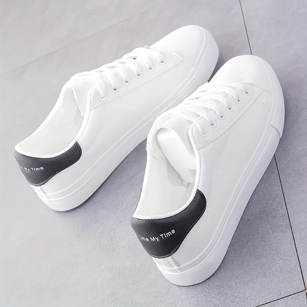 

Women's Lightweight White Sneakers - Trendy Casual Skate Shoes With Black Accents, Comfortable Pu Upper & Pvc Sole For Casual Attire, Fall/winter Collection