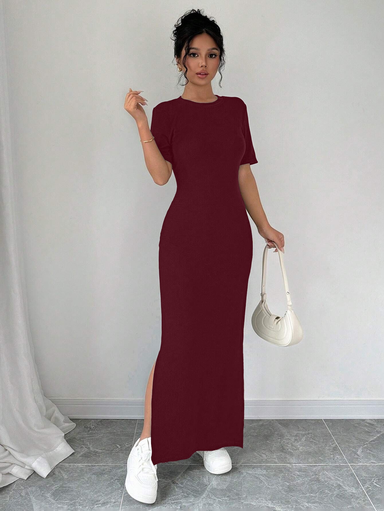 womens solid color round neck short sleeve long fitted dress - Temu  Mauritius