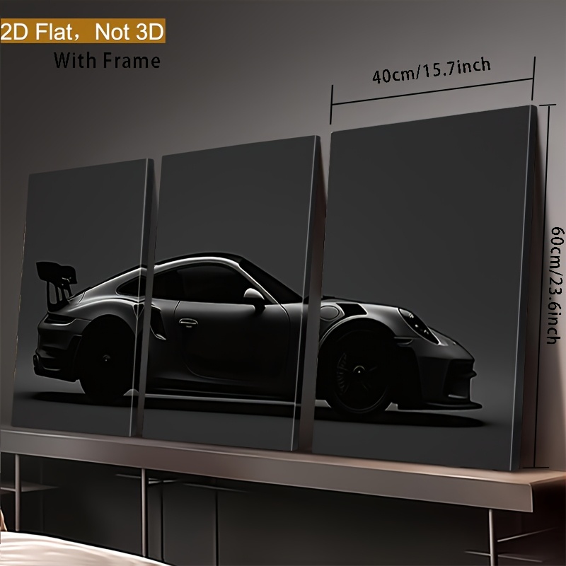 2D plat, set de 3 tablouri pe pânză înrămate cu mașini sportive negre monocrome întunecate triptic, decor vertical de înaltă calitate pentru living, birou sau bar, cadou modern auto pentru zile de naștere, sărbători și petreceri, decorațiune auto