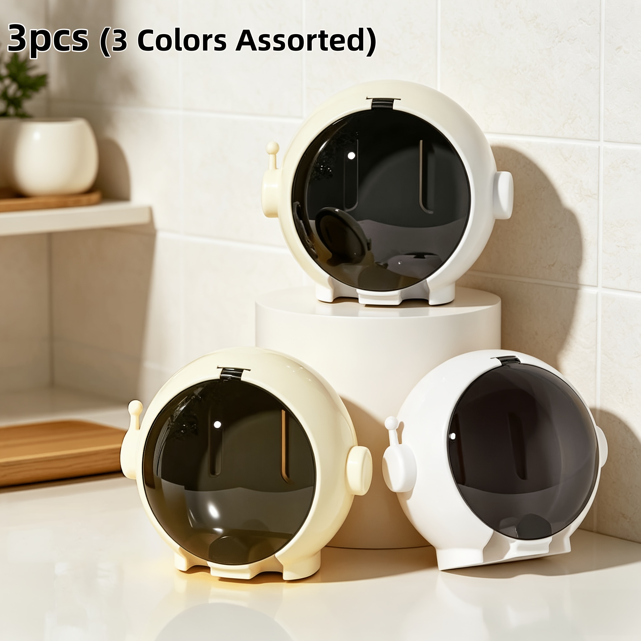 TEMU 3pcs Mixed Wall-mounted Toothbrush Holder, Self-adhesive Mini Toothbrush Storage Box With Flip Cover, White, Yellow And Pink 3 Colors, Universal