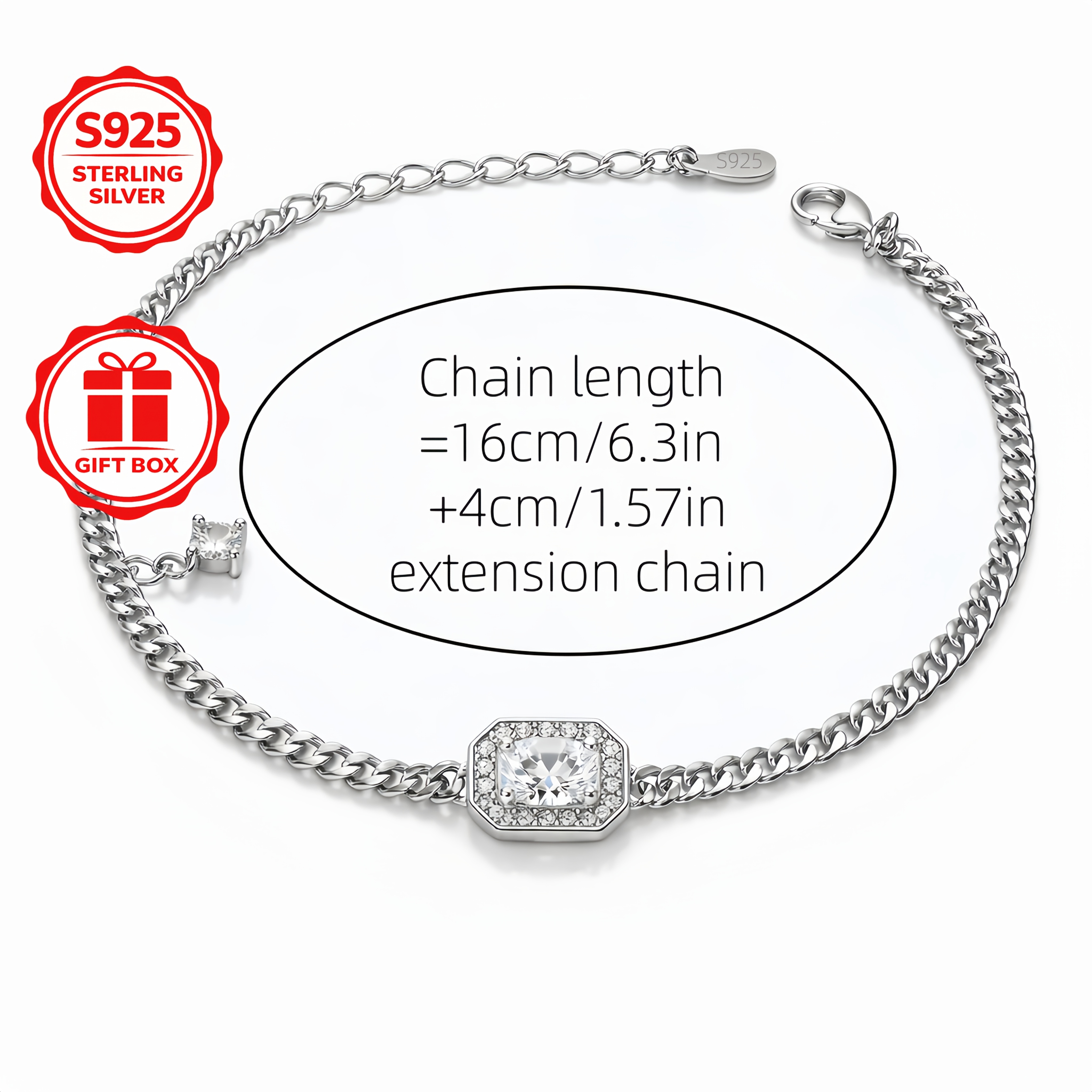 Image of 925 Sterling ' Cuban Chain Bracelet, Set With Synthetic Zirconia, Adjustable Length, With A Gift Box, Suitable For Everyday Wear, Parties, Gift- And Other Special Occasions For Her
