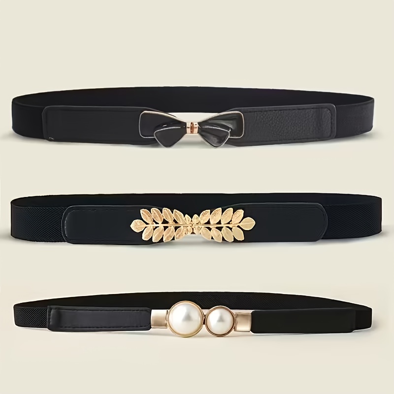 TEMU 3pcs Women's Stretch Elastic Waist Belts With Golden , Easy To Put On And , Leaf , Bow , Suitable For Dresses, Pants, Casual Trousers, Formal