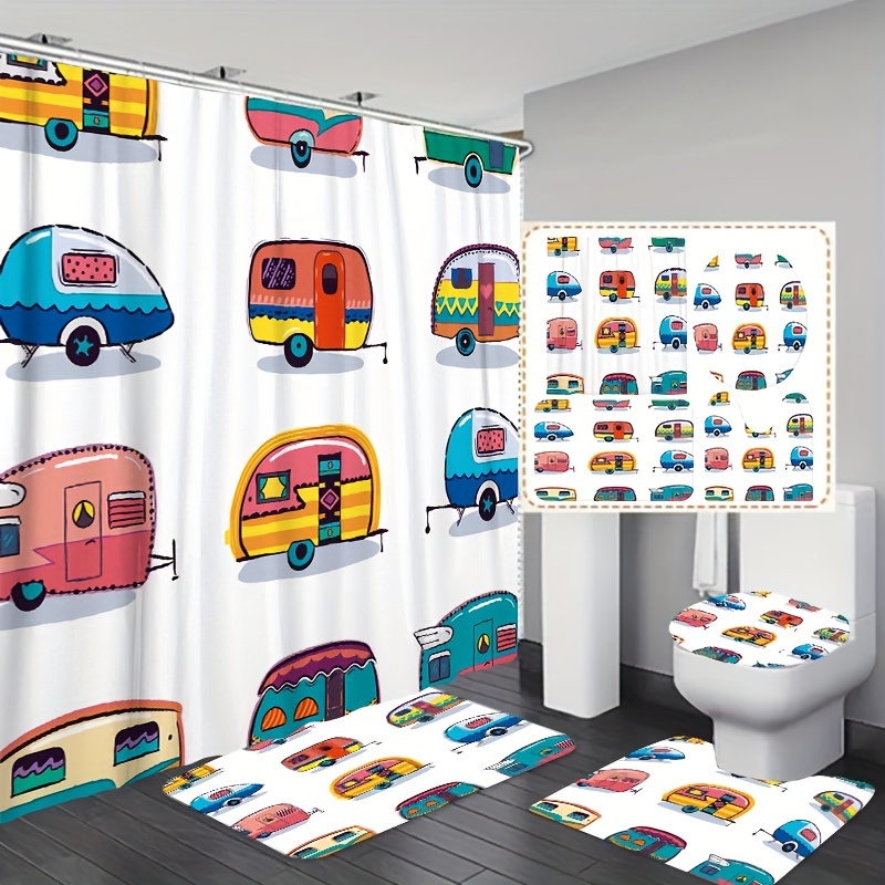 

Cartoon Camper Van Shower Sets With Hooks - Polyester Woven Bathroom Decor, Machine Washable, Fade-resistant, Multi-piece Rv And Bus Theme Shower Accessories