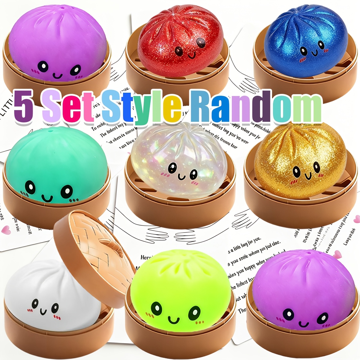 5pcs Kids Multi-Items Party Favors Pack of Colorful Baozi   Sensory Stress Balls, Soft Squeeze Slow Rising  , Bun with Steamer Stretchy Desk Decor,   Fillers, Birthday Gifts Party Supplies, Random Colors Styles