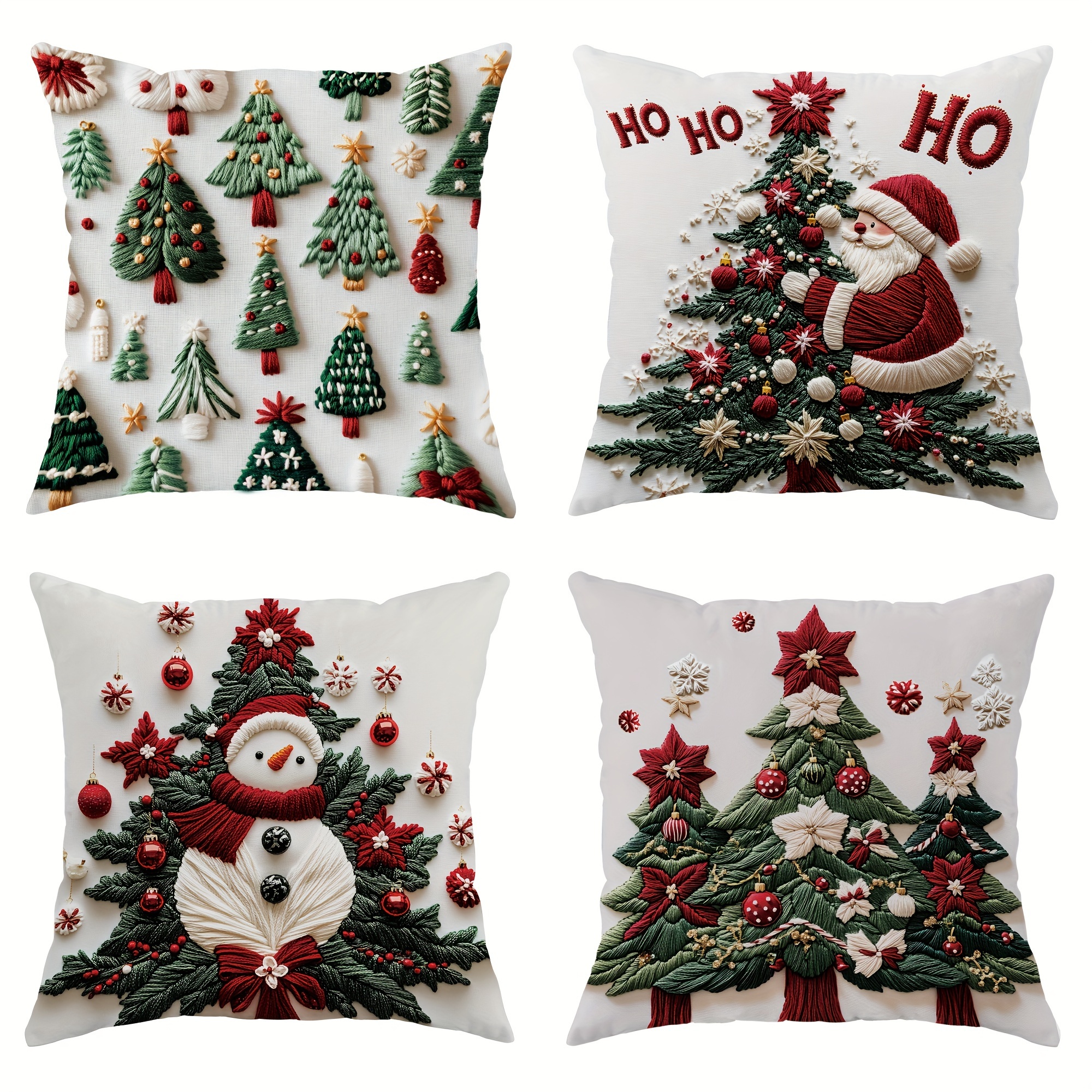 

Festive Christmas Decor: 4 Pcs Square Throw Pillow Covers With Snowman, Santa, And Trees - Single Side Printing, No Inserts Included - Living Room, Bedroom, Or Sofa Bed