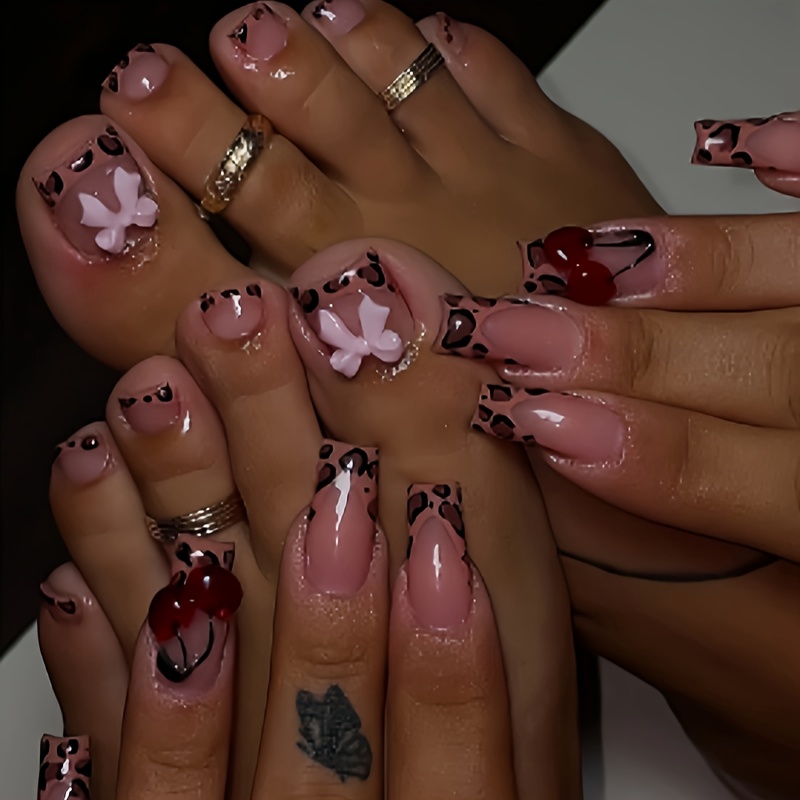 TEMU 48pcs Hand Foot Combination Universal Ballet Fake Nail Set Naked Cool (embossed Cherry Leopard Pattern) With Jelly Glue+nail File Pressing Fake Nails Cheap 's Item