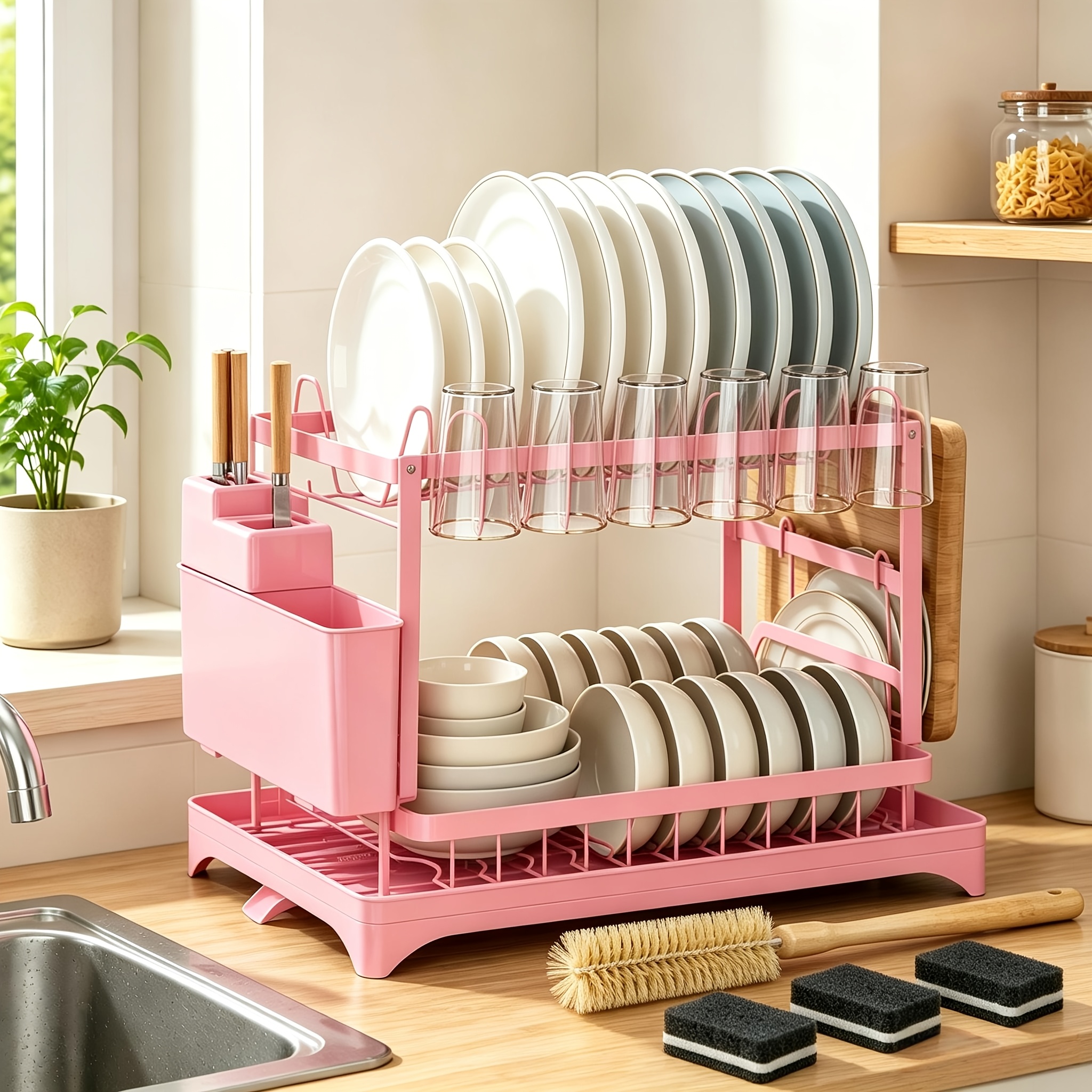 TEMU Égouttoir à ustensiles de cuisine double couche, avec support pour et rangement pour planche à découper, 3 éponges de nettoyage et une brosse de