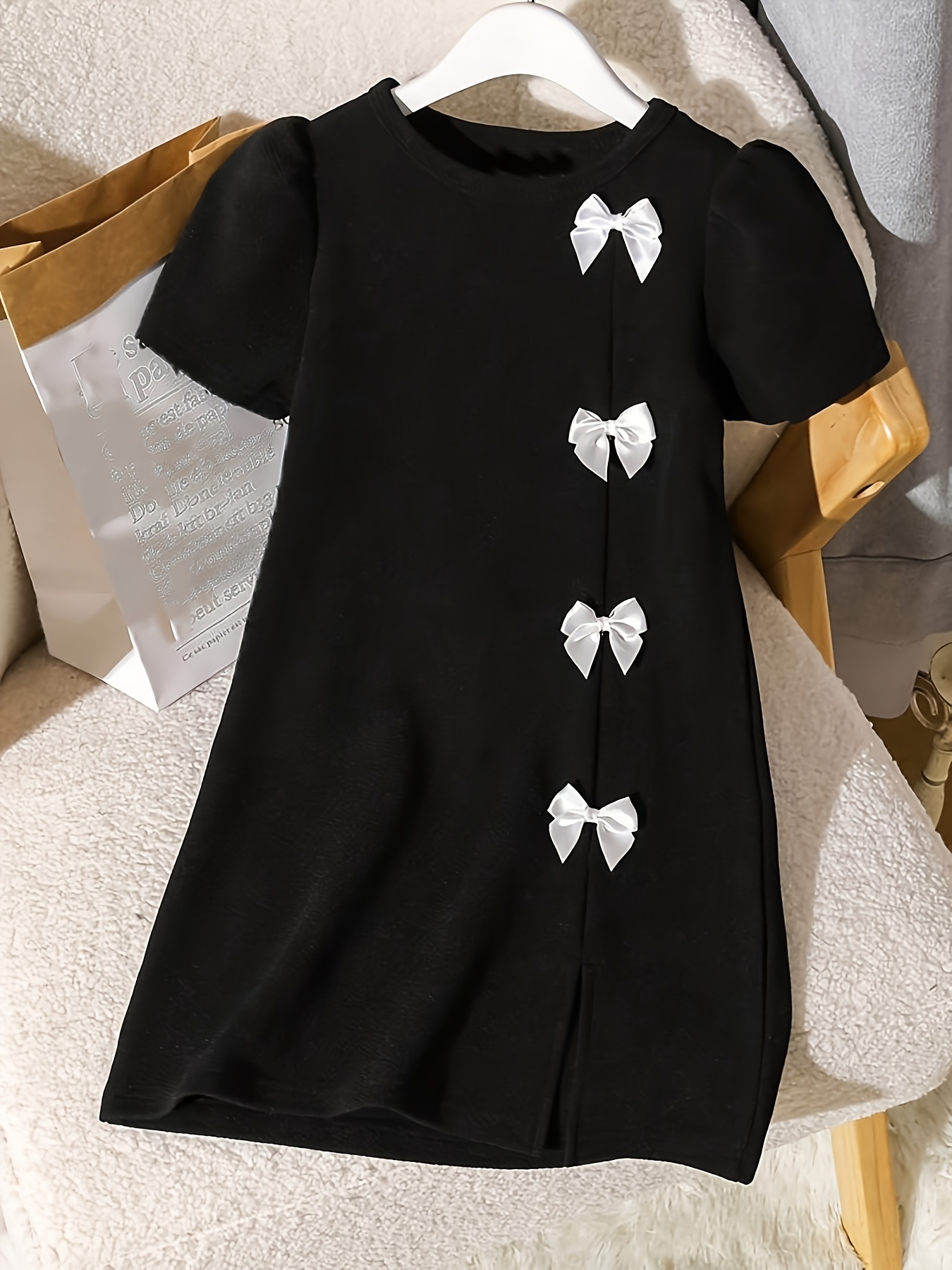 chic teen girls black a line dress elegant 3d bow detail - Temu