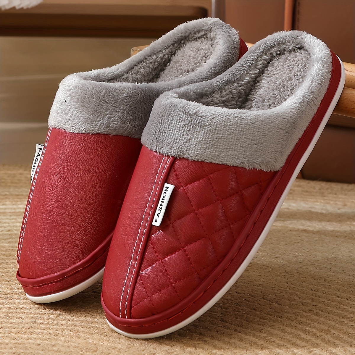 Image of Home Slippers Men's Autumn And Winter New Pu Household Plush Home Slippers Women's Thickened Home Slippers Wear Outside, Women Shoes