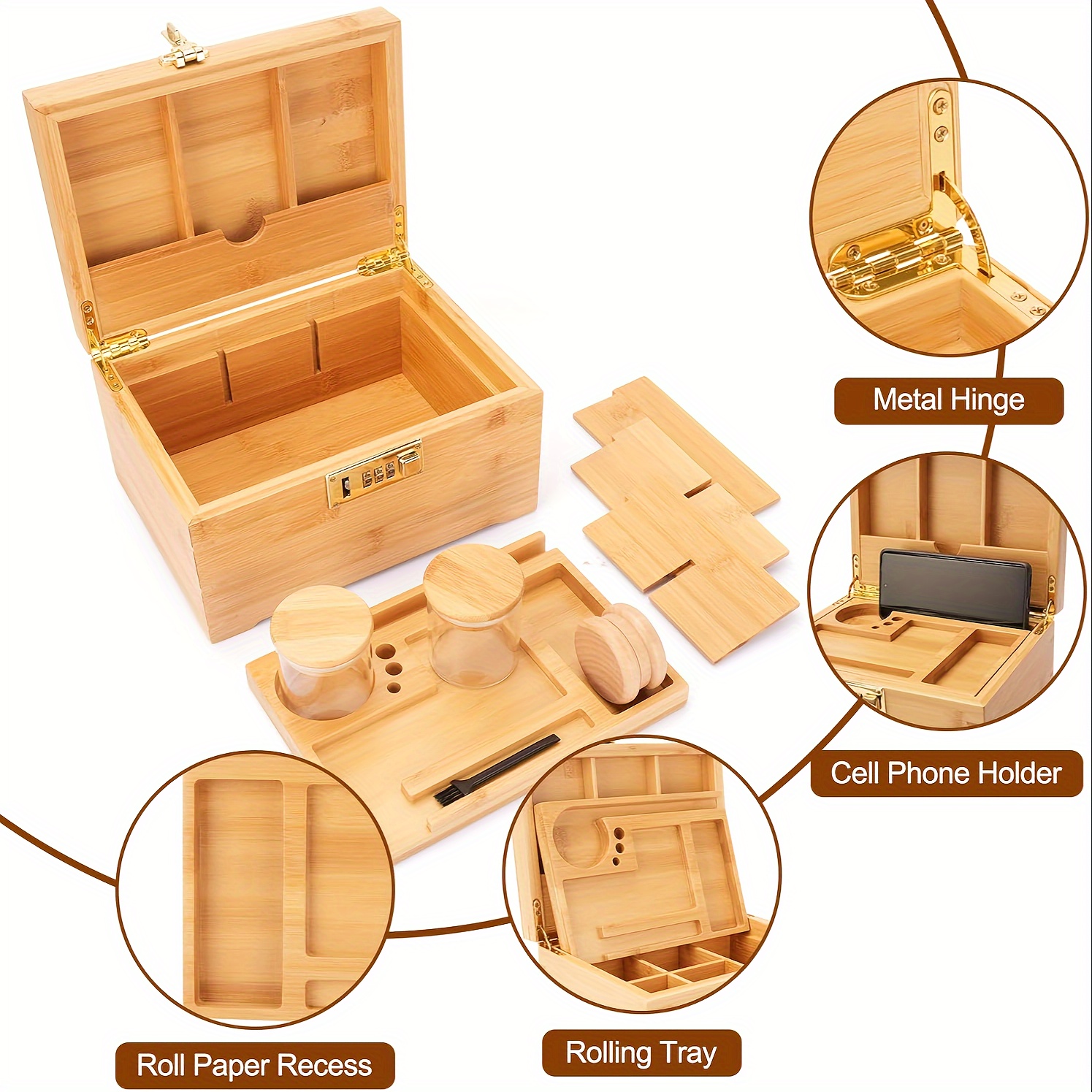 

Locking Bamboo Storage Box With Removable Tray, Wooden Decorative Box With Combination Lock For Herbs, Jewelry, And Keepsakes