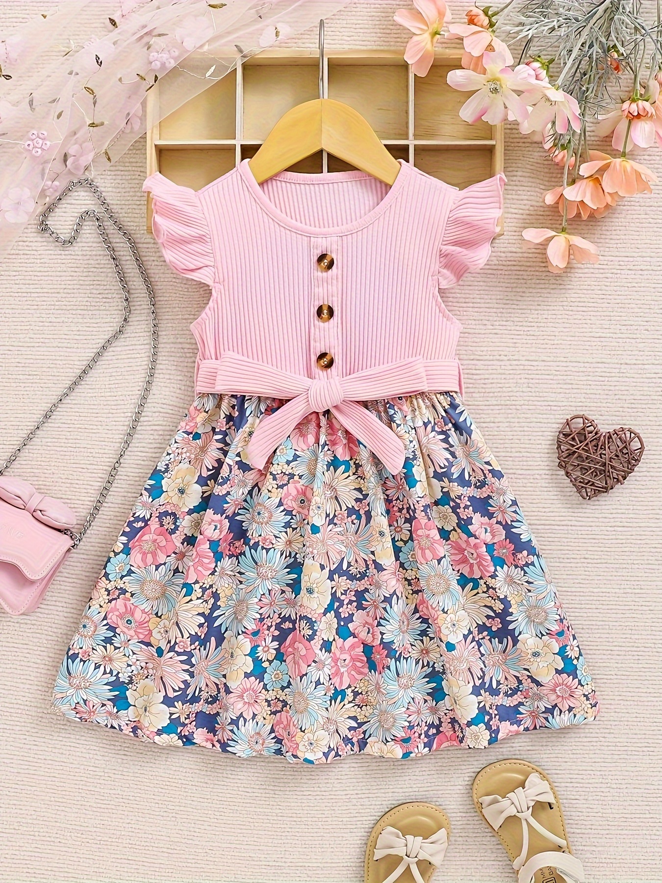 Sleeve Floral Bow A line Dress For Girls Comfy Holiday Casual Dresses Summer Clothing Gift