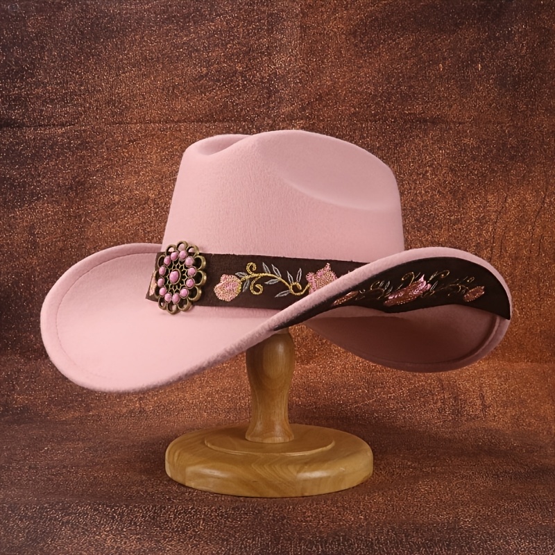 1pc cowboy hat womens british soft felt cowboy hat pink turquoise high end embroidered leather belt decoration cowboy hat embroidered   patch trimmed jazz hat suitable for   wedding celebration birthday party gift  