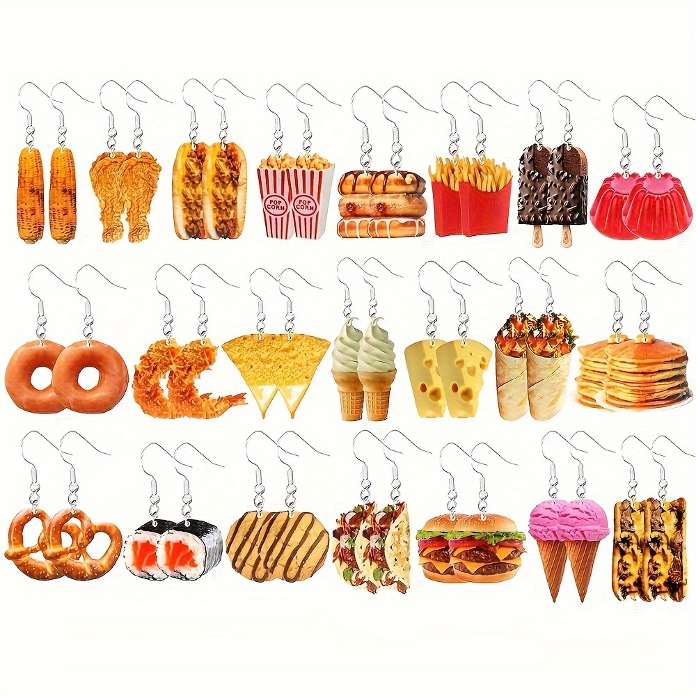 

22 Pairs Cute & Quirky Food-themed Acrylic Earrings - Ice Cream, Tacos, Burgers, Chicken Legs & Fries Designs For Casual Attire Or Parties