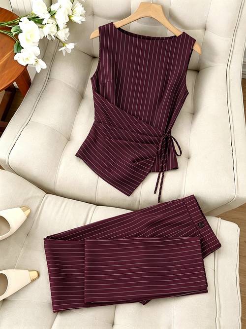 womens suit casual striped two piece set french vertical striped sleeveless jumpsuit womens waist tie top straight wide leg pants commuting high end two piece set side tie can adjust the tightness commuting to wor