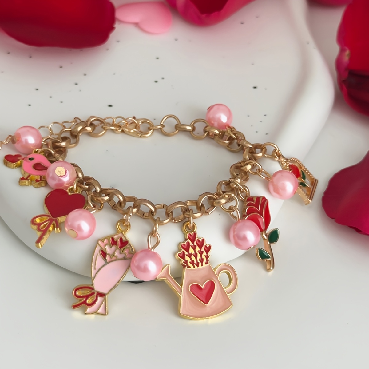 

1pc Y2k Style Cute Alloy Bracelet With Romantic Heart & Rose Charms, Pearl Accents, Women's Valentine's Day Jewelry, & Gift-, Accessory