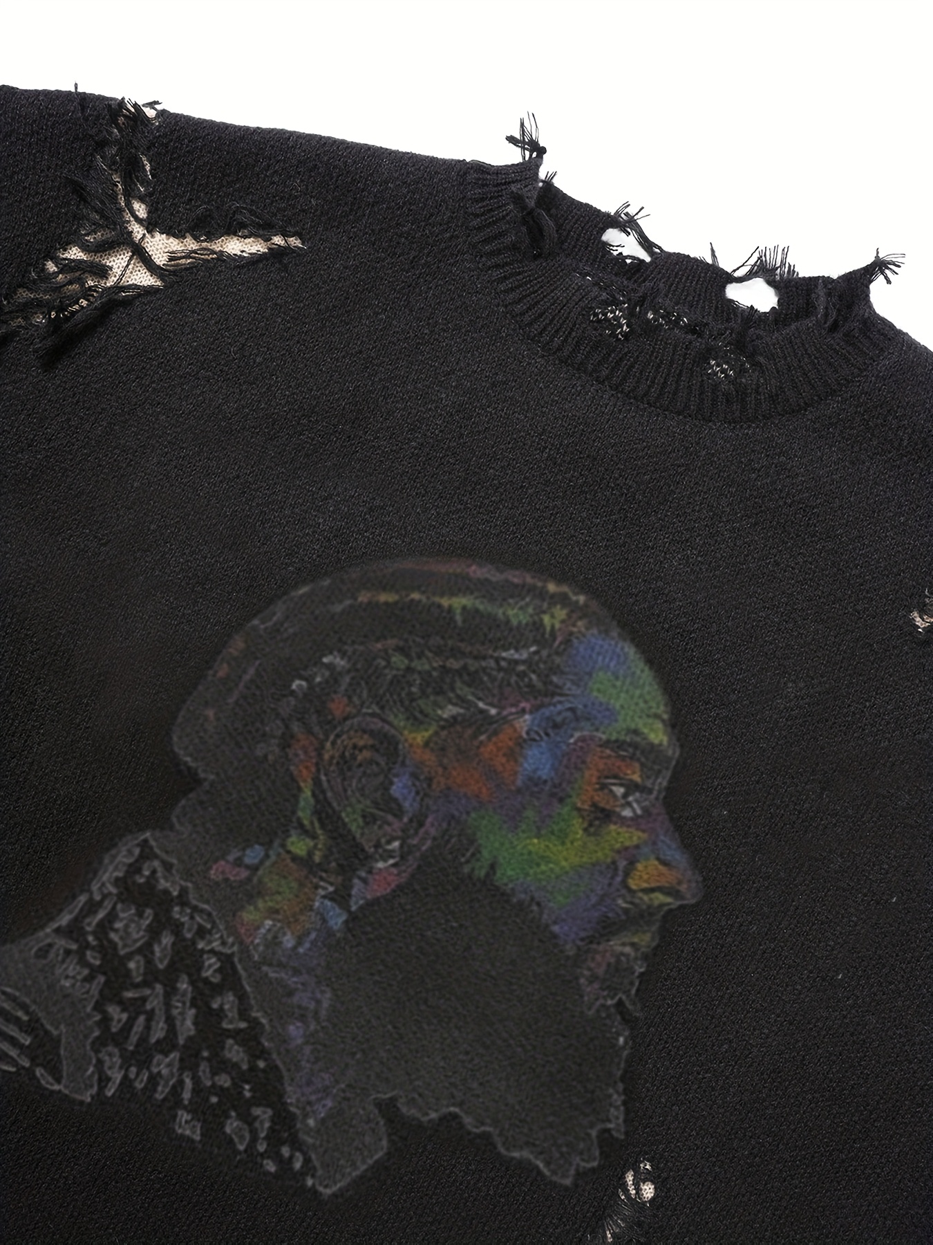 Men'S Casual Crew Neck Knit Sweater with Artistic Graffiti Portrait | Loose Fit, Ripped Details, Long Sleeve, Comfortable Texture for Fall/Winter - Image 11