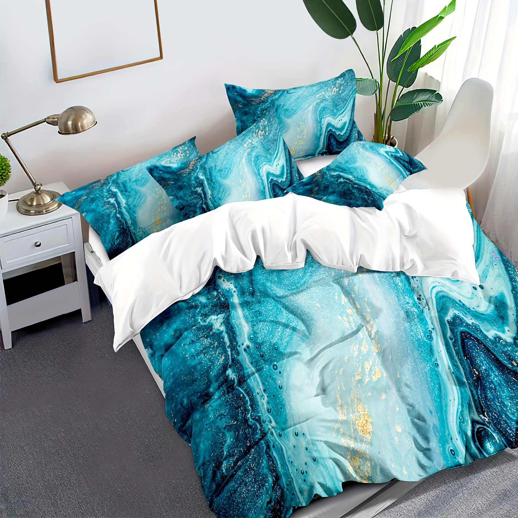 TEMU Ensemble de Couette à Motif Marbre Bleu Doré, Lavable en Microfibre - Ensemble Pièces/ Pièces