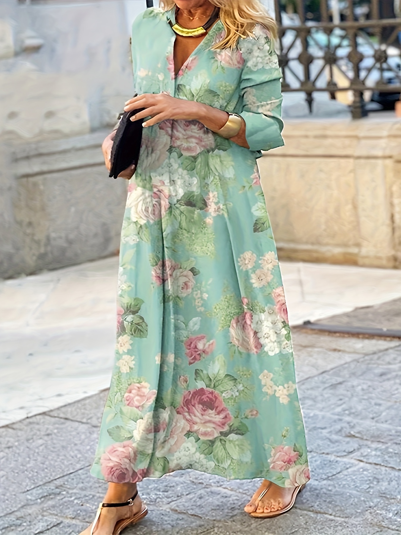 green emerald velvet dress Women Long Sleeve Floral Flower Print Mini Dress Elegant Vintage V-nec –  Mega Mart Center main image 1