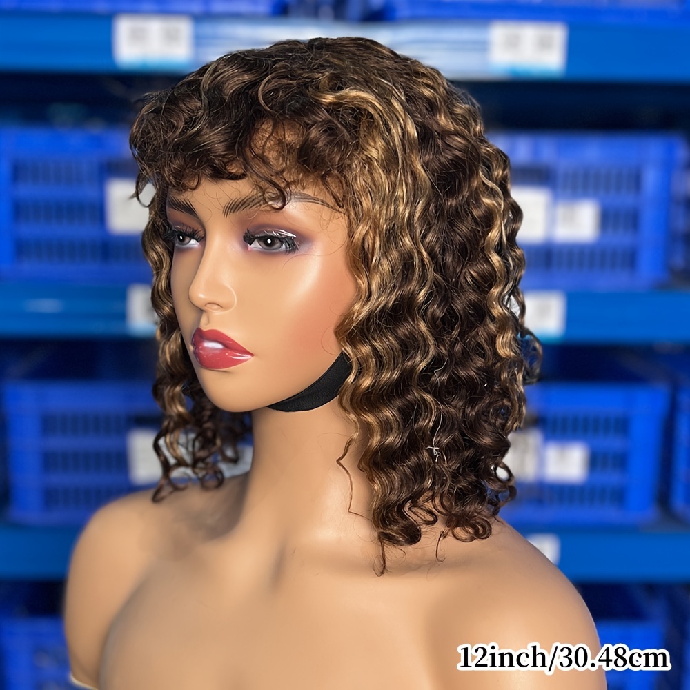 TEMU 180% Density Glueless Short Water Wave Bob Wig With Bangs - Human Hair Bob Wig For Women, Natural Look & , 12 Inch Short Curly Bob Wig For , Short Hair Wig, Quick Hairstyle Change, Hairpiece