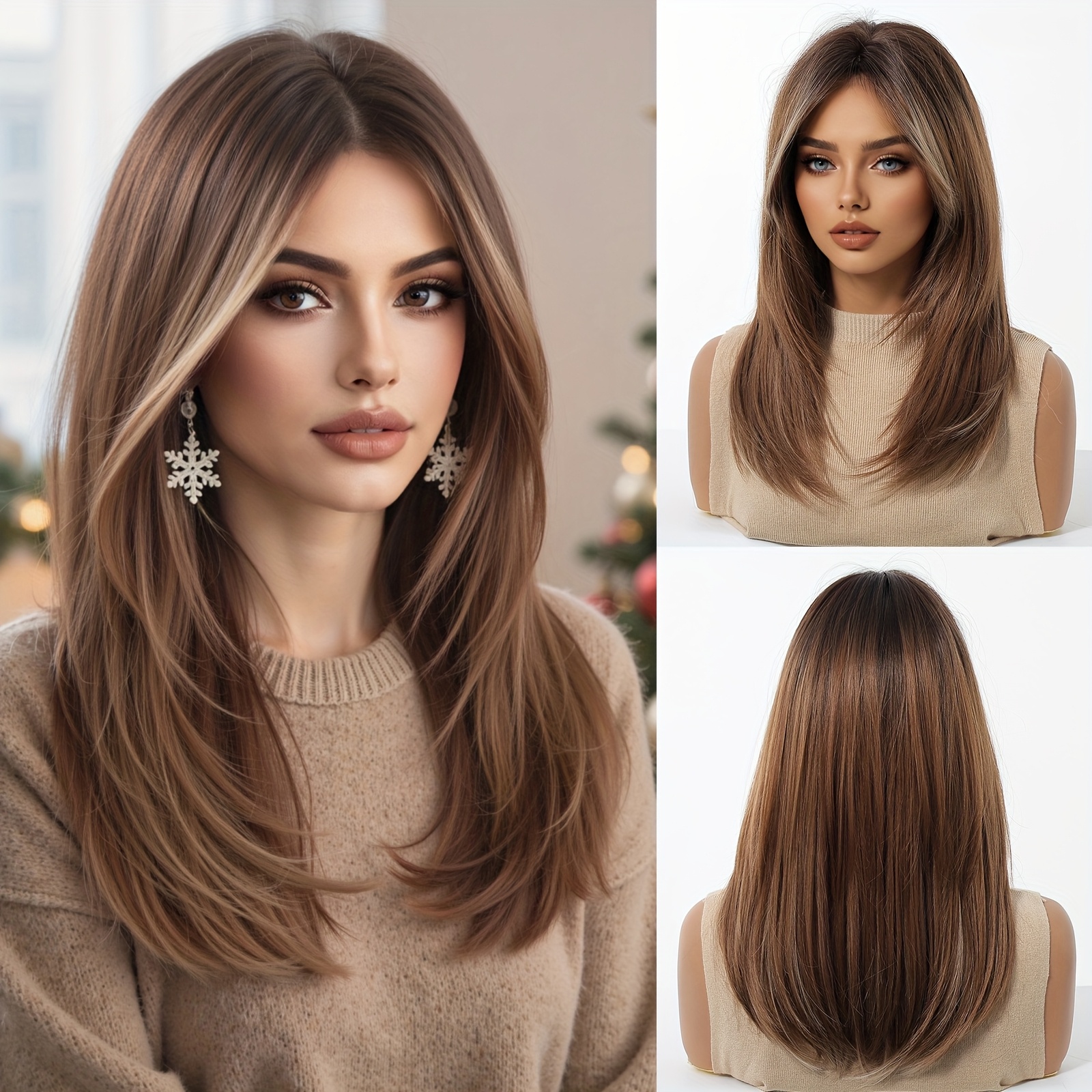 Image of Women's -looking Brown Synthetic Wig Suitable For Daily Wear, Parties, Halloween & Christmas - Mid-length Straight Full Wig With, Brown Hair For & , Maintenance Hairstyle