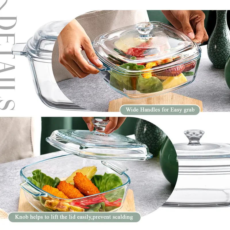 2pcs glass casserole dish with lid baking casserole dish covered cookware microwave bowls with handle for kitchen party cooking oven safe square 0 8l 1 5l details 4