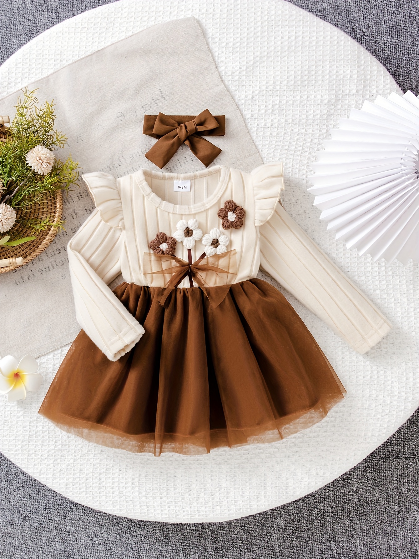Baby Girls' Autumn And Winter Knit Splicing Mesh Dress with 3D Floral Bow *  Brown Hem * New Year'S Party Dress