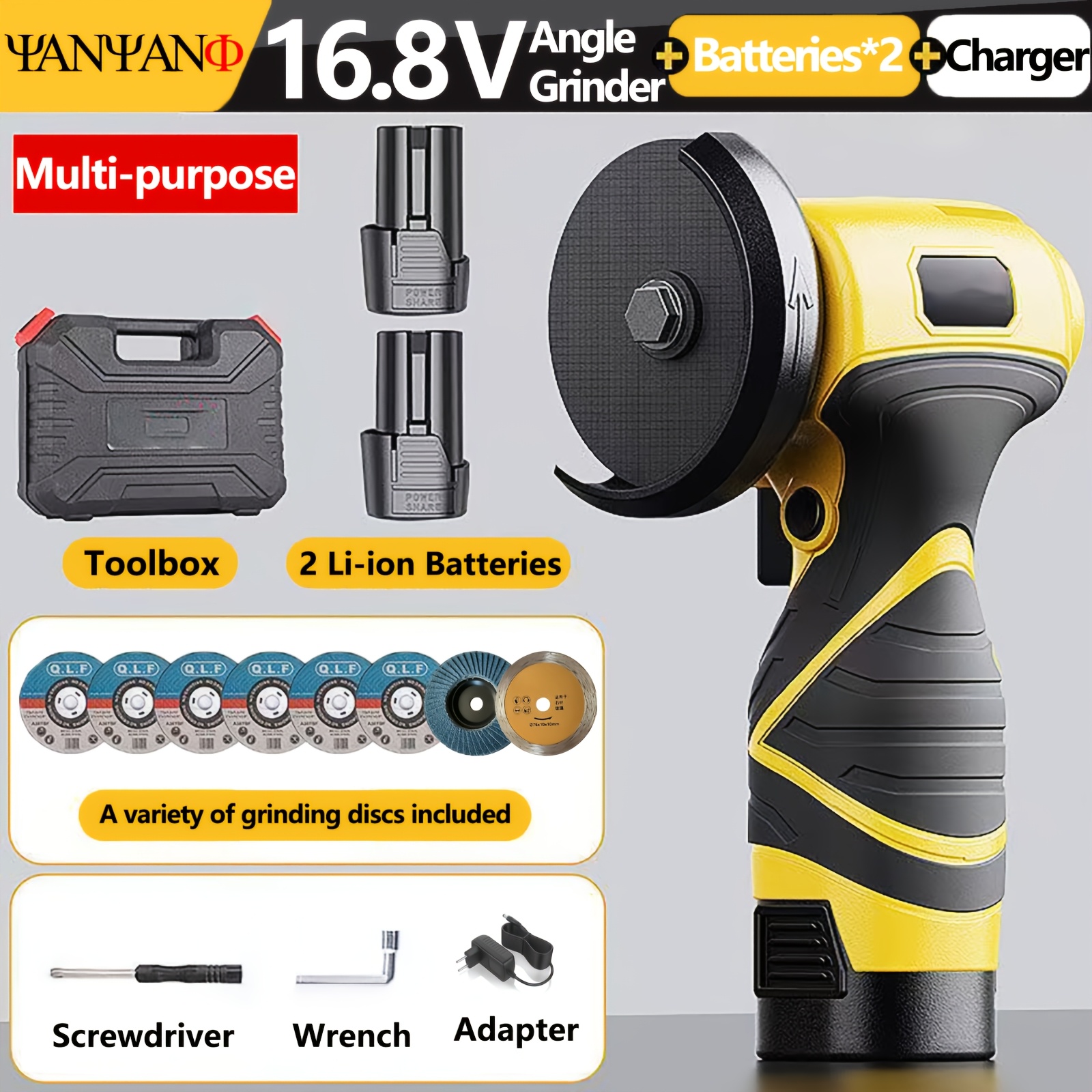 16.8V Mini kotni brusilnik, 2 Li-Ion bateriji + polnilnik + kovček za orodje, večnamensko orodje za poliranje in brušenje z varnostno