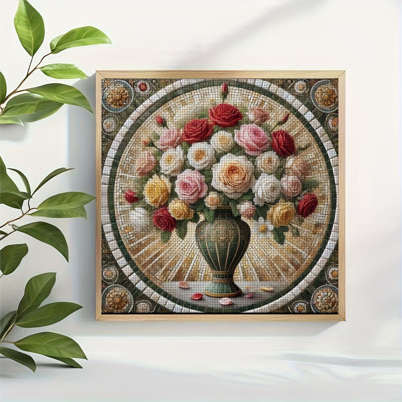 DIY Cross Stitch Print Kit, Frameless "Mosaic Vase with Flowers" Pattern