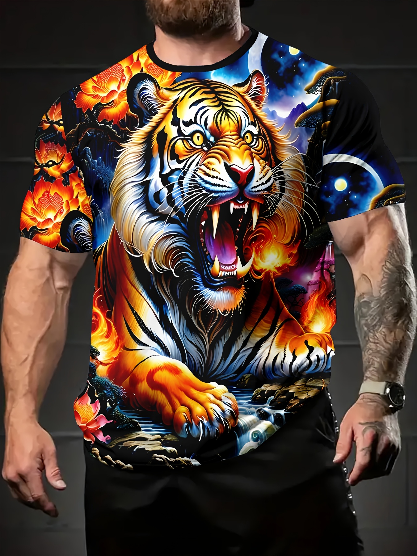 0658 １点物　3DーTIGER TEE Men's Graphic T-Shirt 3D Tiger Animal Printed Short Sleeve