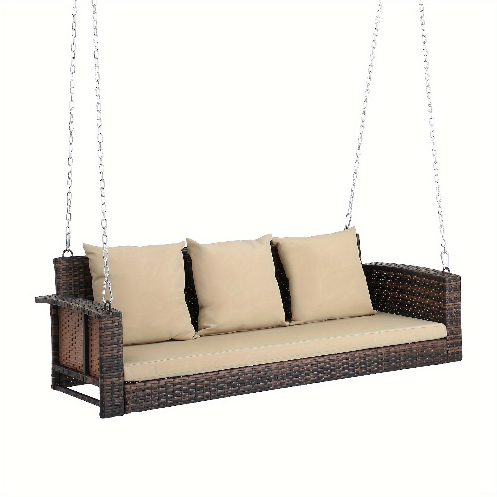 

3-person Wicker Hanging Porch Swing, Outdoor Rattan Swing Lounge With 3 Back/brown Cushions & Seat Cushion For Porch Backyard Lawn Garden, Black/brown