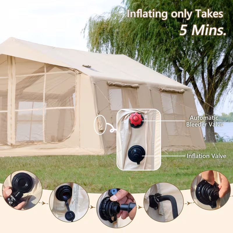 186sq ft inflatable camping tent with hand pump easy setup outdoor blow up tent 4 season glamping air tents cabin house with windows door Product details 5
