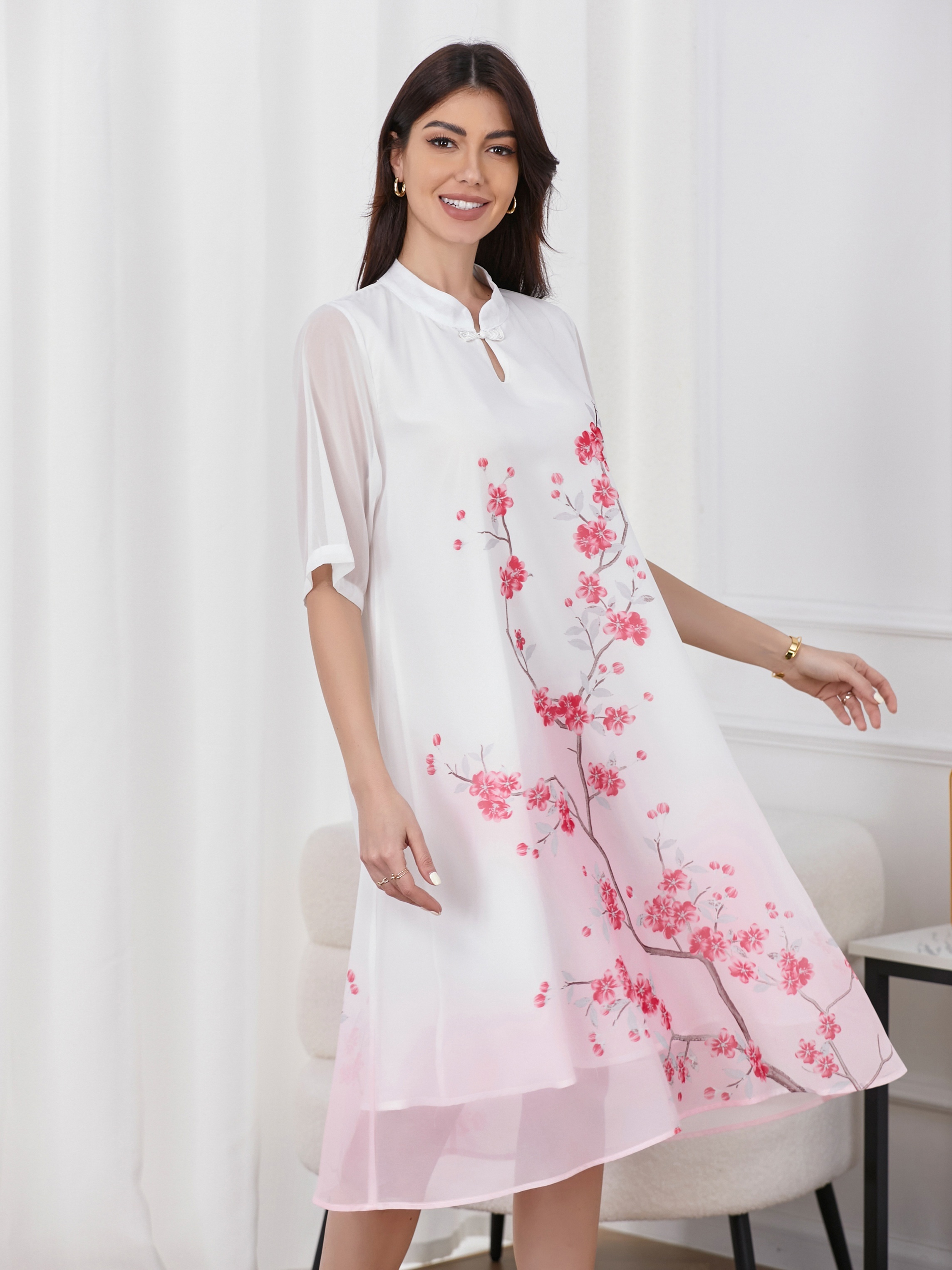Elegant Floral Print Stand Collar Cheongsam Dress with Button Details  Lightweight Polyester, Half Sleeve A-Line Qipao for Women, Pink and White  Trad