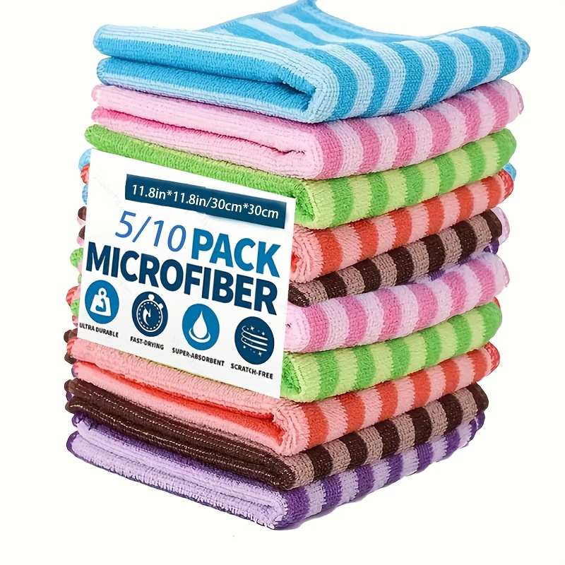 

5/10pcs, Dish Towels, Microfiber Striped Printed Dish , Scouring Pads, Cleaning Cloths, Classic Two-color Strips, Absorbent, Easy To Wash And Wash, Random Colors, Cleaning Stuff, Kitchen Supplies