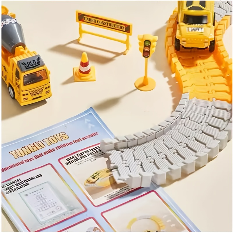 Toy Construction Track SetIncludes 2 Electric Vehicles And 4 Construction VehiclesBattery-powered (non-rechargeable)Orange Plastic Tracks Suitable for Kids Aged 3-6Perfect Christmas Gift