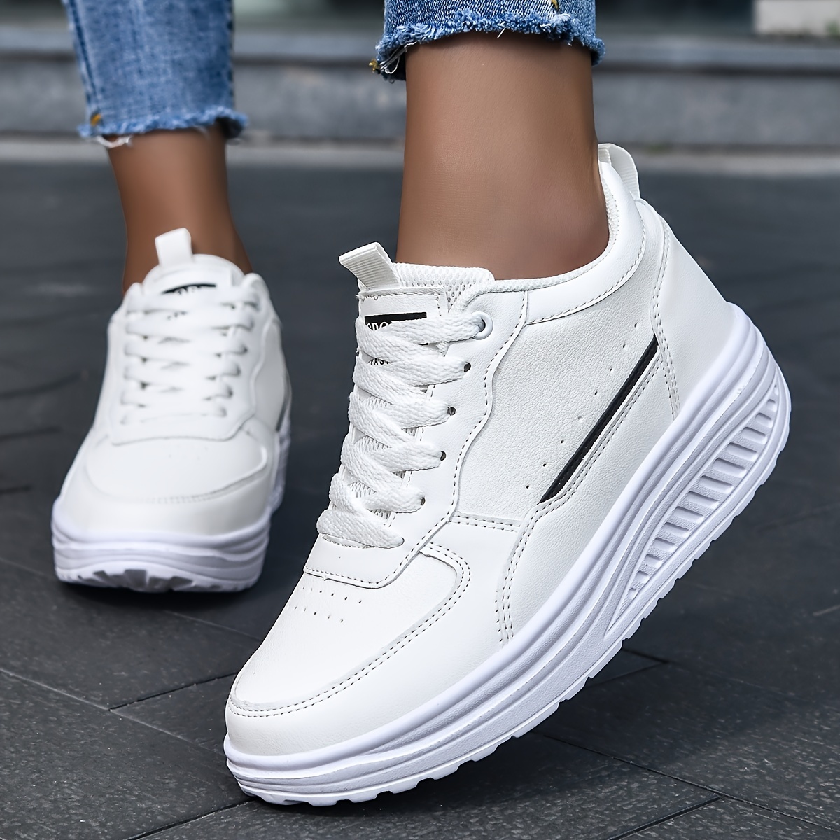 

Women's Mid-top Rocker Sneakers - Fashionable White Casual Sneakers With Sole For Height , Shock-absorbing Eva Outsole, Lace-up, Round Toe Design, Travel & Casual Attire