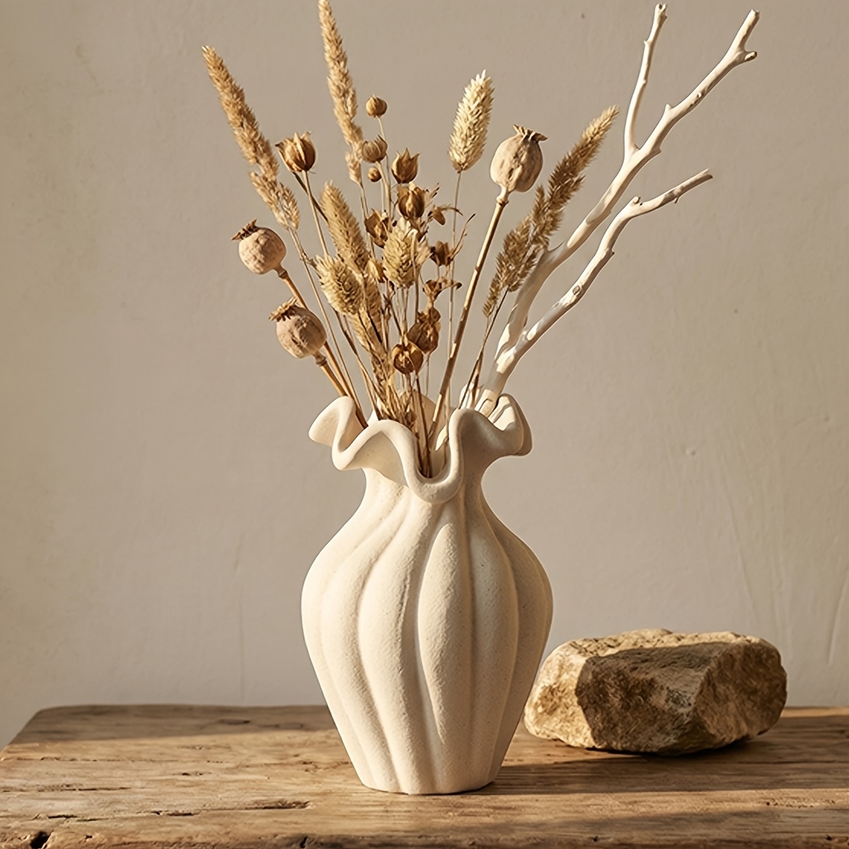 TEMU Vase en céramique mate avec bordure cannelée à volants, vase à fleurs de décoration d'intérieur
