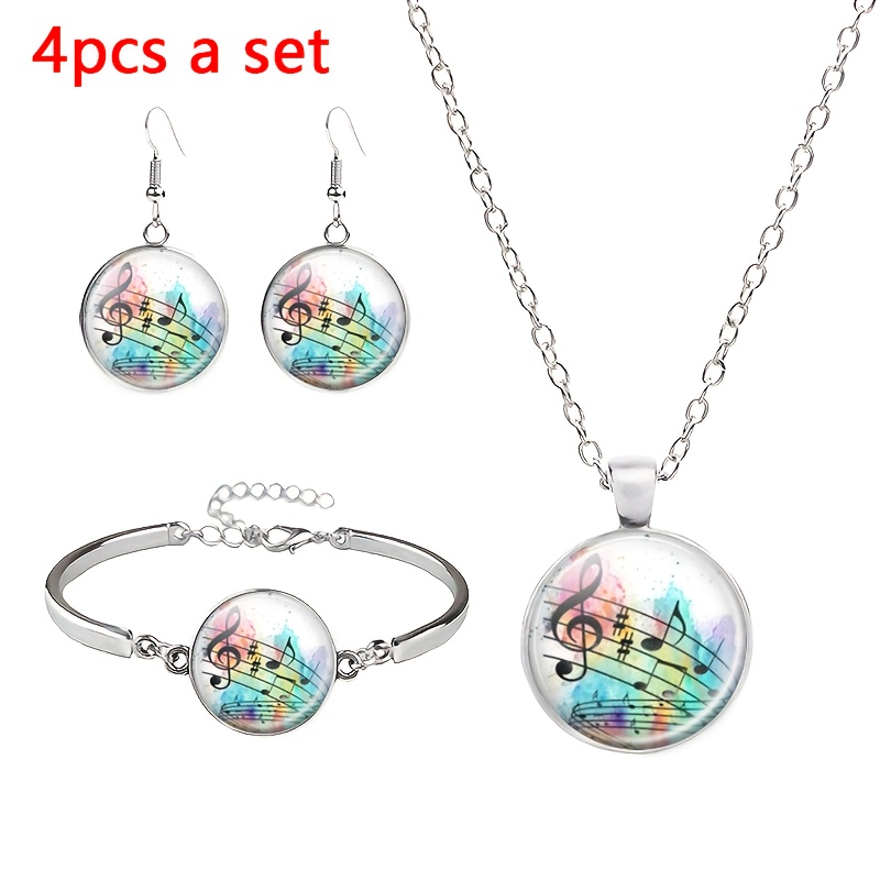 4pcs Musical Note Themed Jewellery Set with Necklace, Bracelet, Earrings