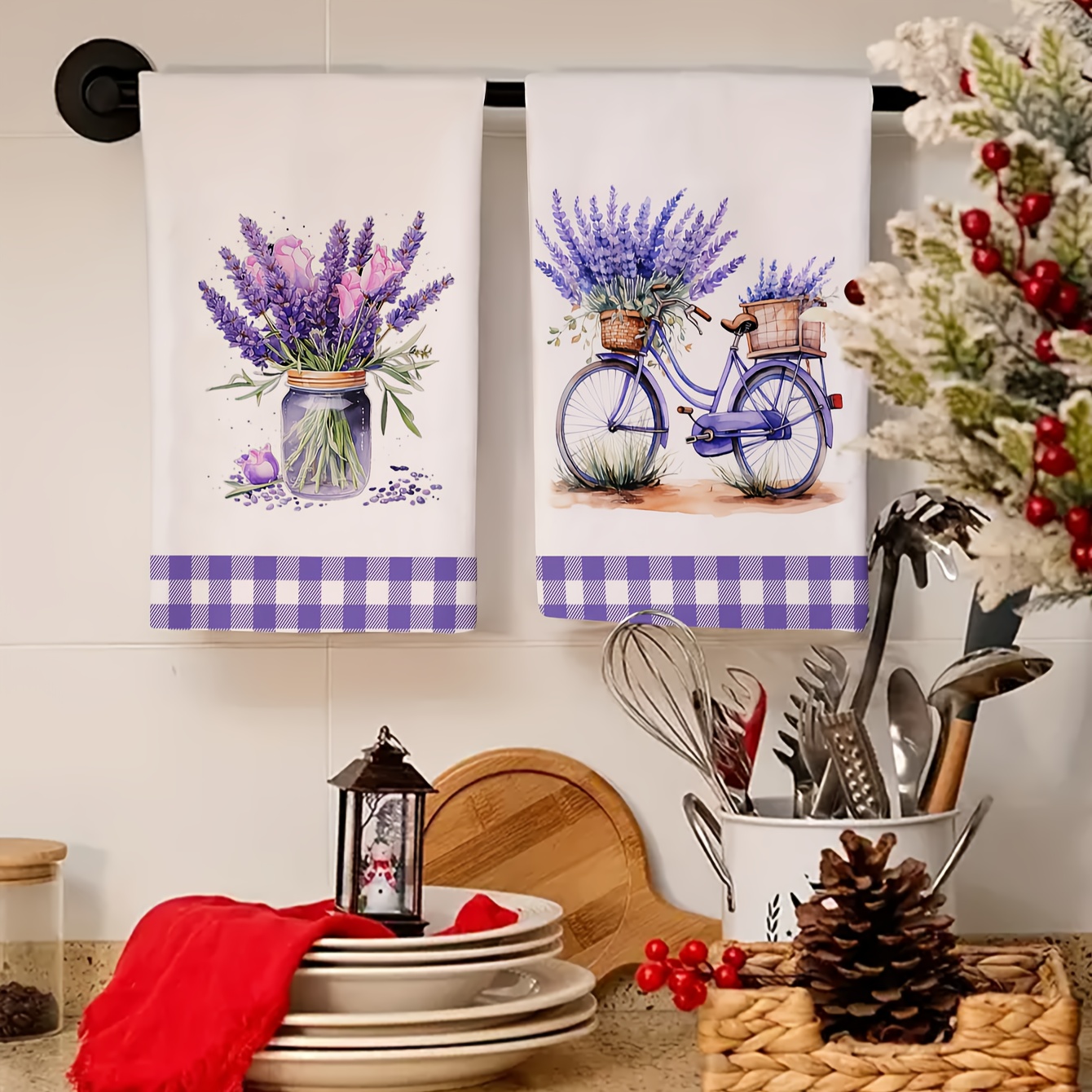 E-shop 2 Stück, Tägliche Handtücher, Lavendel-Fahrradmuster, Küchenschrubbermatte, Küchen- Esszimmerhandtücher, Weiche saugfähige Geschirrtücher,