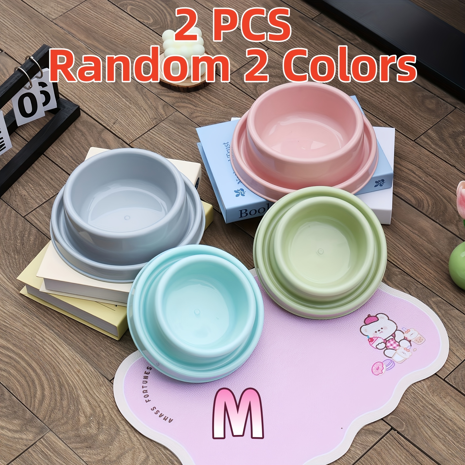 TEMU 2pcs Pet Single Bowl, Random 2 Colors Vibrant Color Elevated Spill Resistant Plastic Feeding Dish, Non Slip Anti Tip Easy To Bowl For Small And
