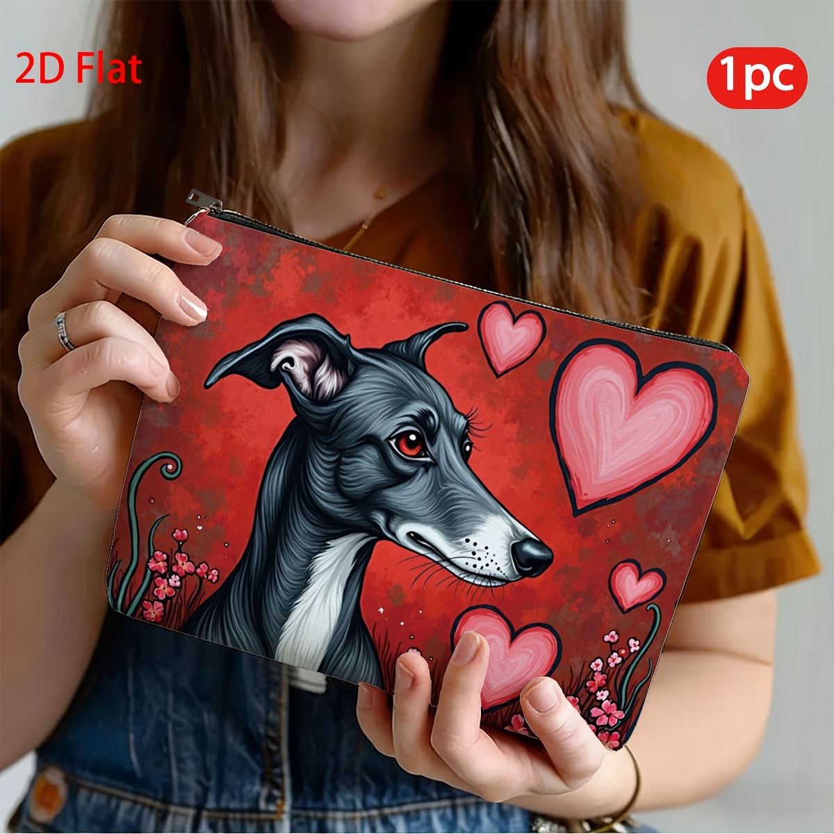 TEMU 2d Flat, 1pc, Makeup Bag, Greyhound Heart Background, Patterned Makeup Bag, Easter Gift, Reusable, Multifunctional, Portable, Suitable For
