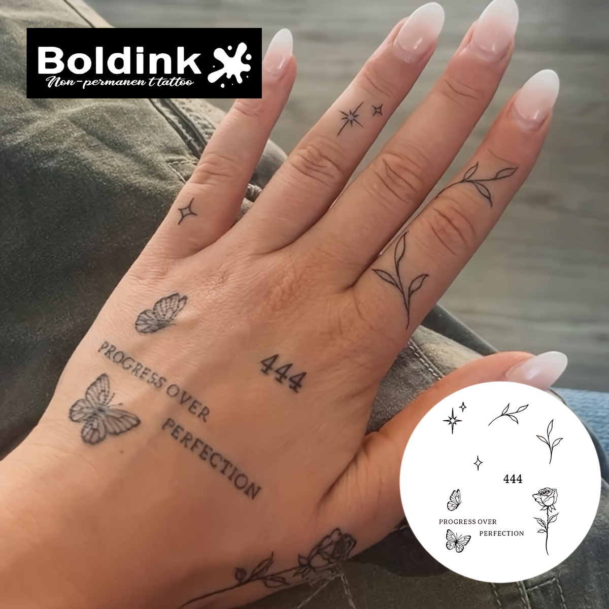 Image of Branch Leaf Rose Text Number 444 Mysterious Totem Tattoo Stickers Temporary Tattoos Tattoos Semi-permanent Tattoos Real Waterproof Easy To Apply Lasts 1 - 2 Weeks Fun Herbal Tattoos
