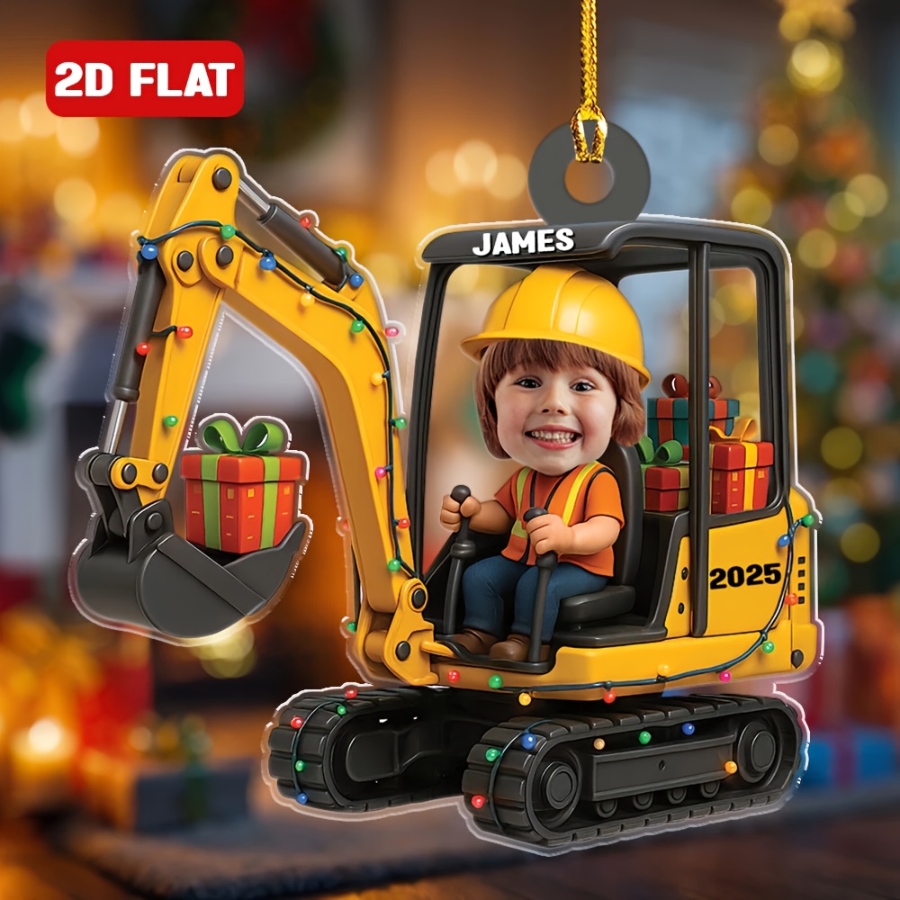 Image of 2d Flat, Personalized Customized Excavator Christmas Decorations, High-quality Materials, Customizable Head Images, Suitable For Christmas, Thanksgiving And New Year Decoration Pendants, Ropes