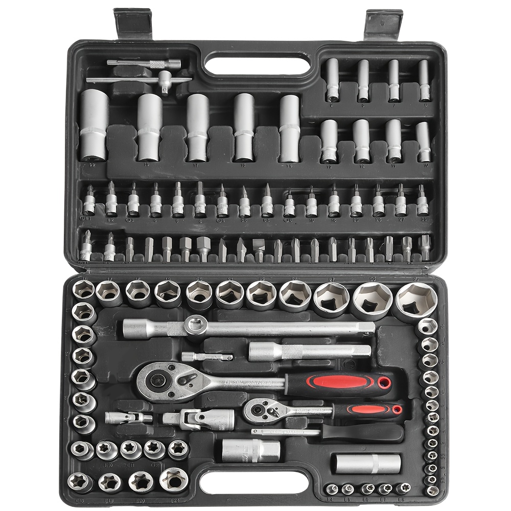 E-shop 108-teiliges Handwerkzeug-Set | Industrie- und Kfz-Reparaturwerkzeug-Set, inklusive Steckschlüsseln, Präzisions-Ratschenschlüsseln, robuste und