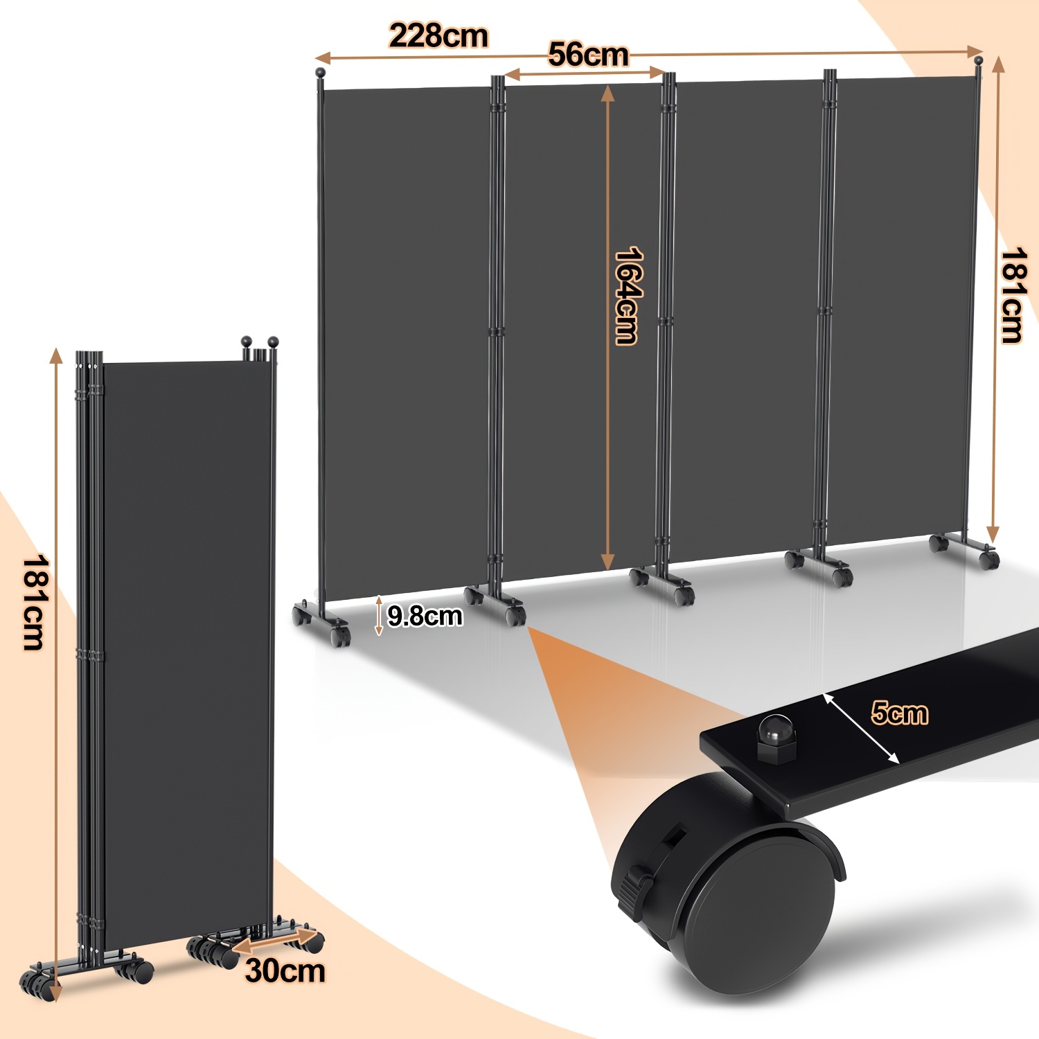Image of 4-panel Beige/dark Gray Folding Room Divider Screen On Wheels - Freestanding Partition Suitable For Home, Office, Patio, Opaque Panels With, Space-saving Folding Panel System For Indoor Use, No Wood
