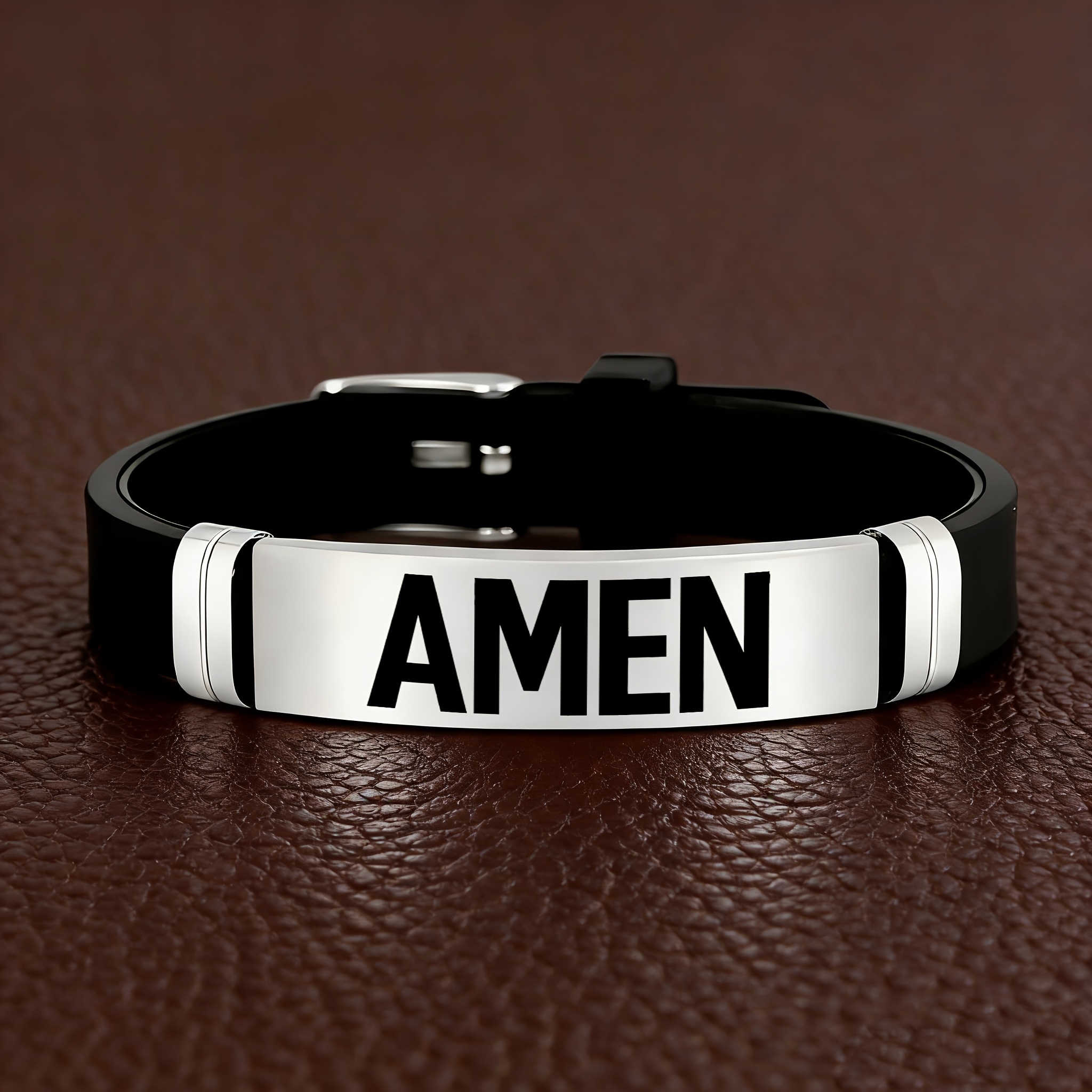TEMU Amen Men' 202 Stainless Steel & Silicone Religious Bracelet - Minimalist Faith Symbol Suitable For Daily Wear, Gift For Easter, Mardi Gras, Day,