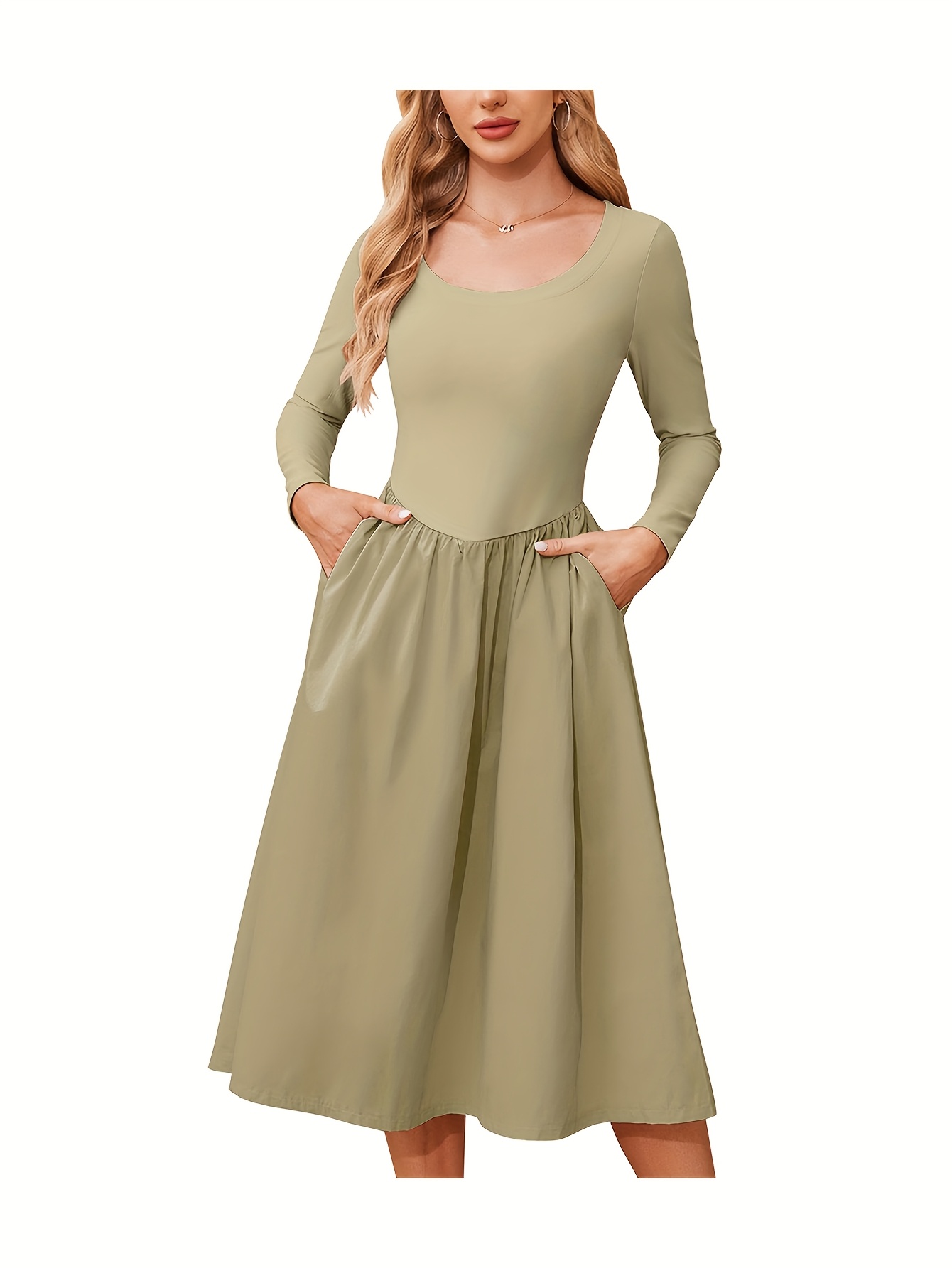 womens long sleeve dress scoop neck casual pleated swing - Temu, image size:800x1066